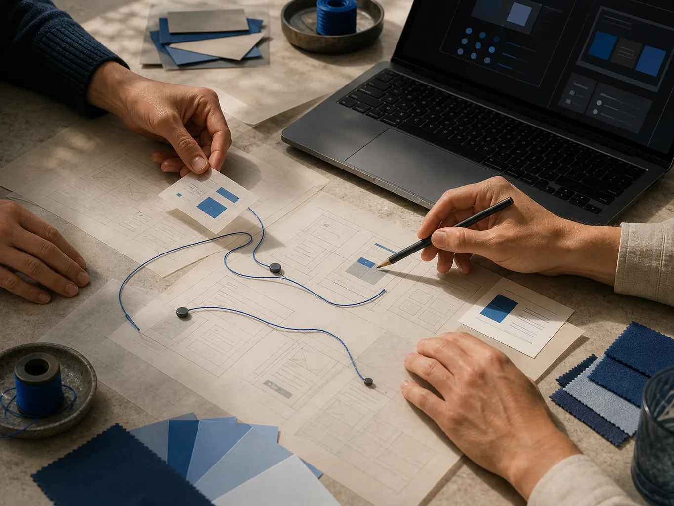 Werktafel met websitestructuurschetsen en materiaalstalen voor een zorgvuldige projectkeuze