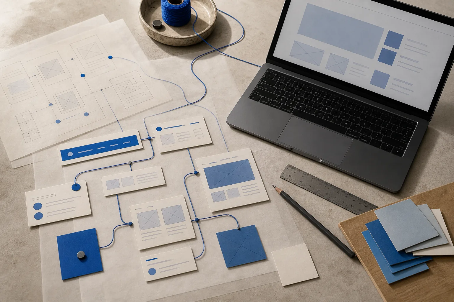 Editorial studio table with wireframes, translucent forms and a connected blue path